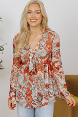 Orange Floral Print Deep V Neck Knot Bell Sleeve Blouse Blouses & Shirts JT's Designer Fashion