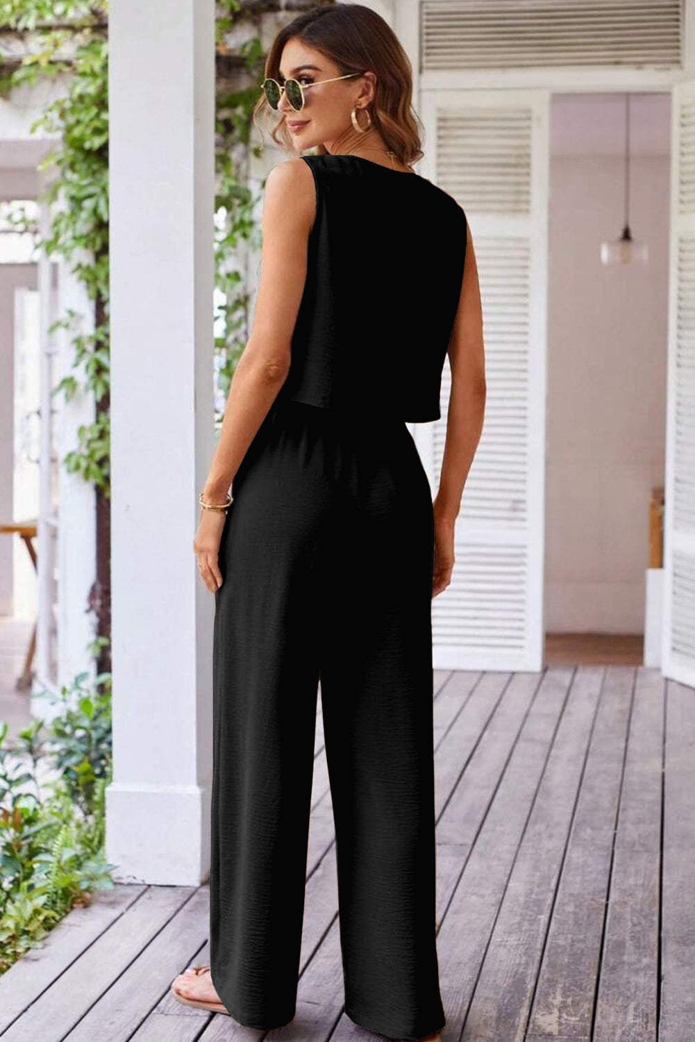 Black Buttoned Vest Drawstring Wide Leg Pants 2pcs Set Pant Sets JT's Designer Fashion