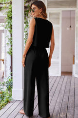 Black Buttoned Vest Drawstring Wide Leg Pants 2pcs Set Pant Sets JT's Designer Fashion