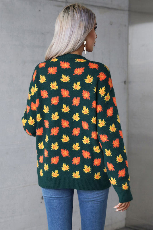 Blackish Green Fall Leaves Pattern Crew Neck Sweater Sweaters JT's Designer Fashion