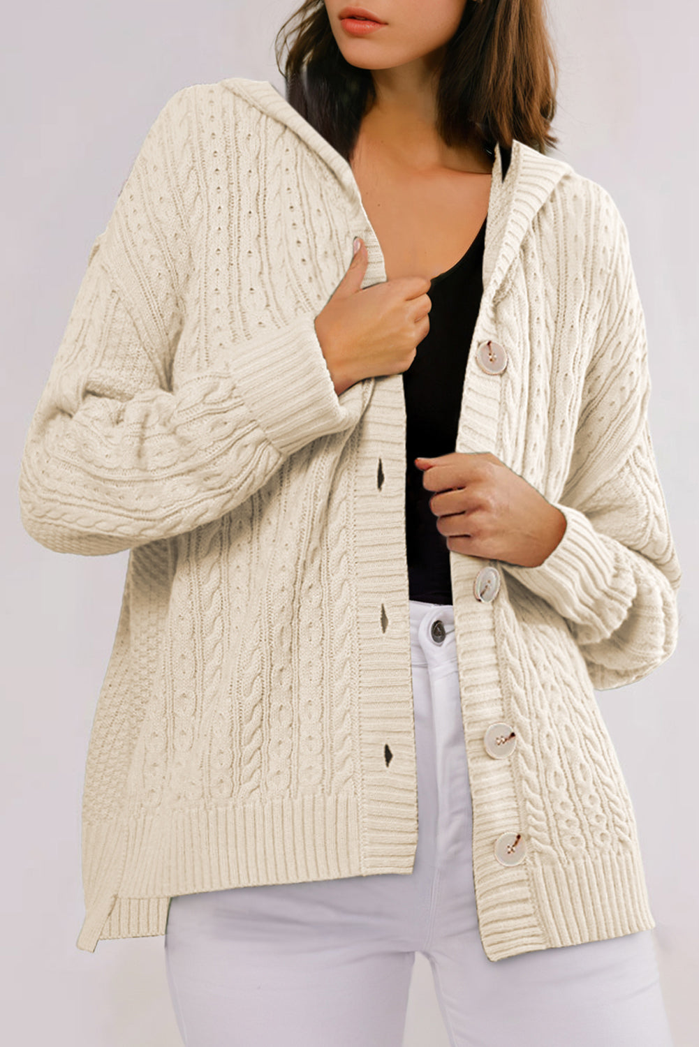 White Cable Knit Texture Uneven Hem Hooded Chic Cardigan Cardigans JT's Designer Fashion