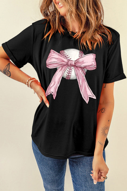 Black Baseball Bow Knot Print Round Neck T Shirt Graphic Tees JT's Designer Fashion