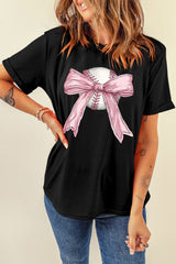 Black Baseball Bow Knot Print Round Neck T Shirt Graphic Tees JT's Designer Fashion