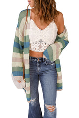 Green Striped Color Block Hollowed Knit Cardigan Sweaters & Cardigans JT's Designer Fashion