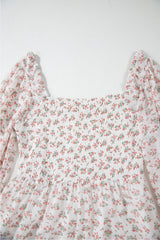 White Floral Print Shirred Ruffled Hem Square Neck Midi Dress Floral Dresses JT's Designer Fashion