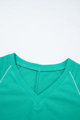 Dark Green Colorblock Trim V Neck Pullover Top and Shorts Set Short Sets JT's Designer Fashion
