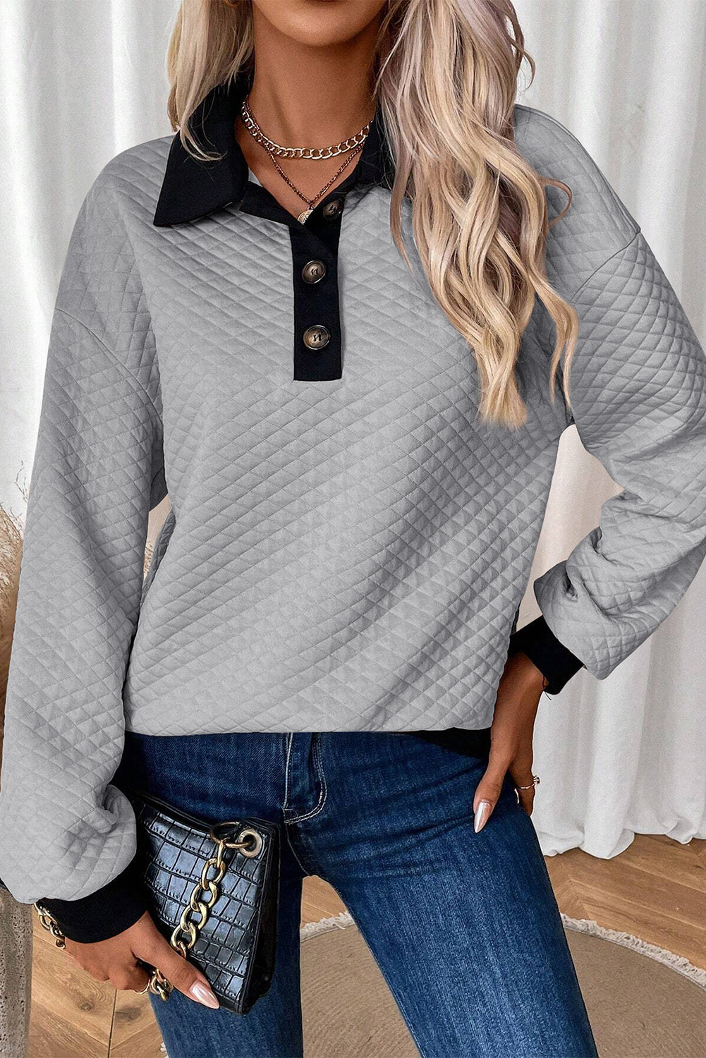 Light Grey Textured Colorblock Edge Buttoned Collar Sweatshirt Sweatshirts & Hoodies JT's Designer Fashion