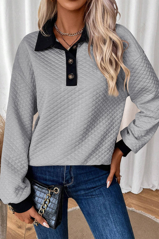 Light Grey Textured Colorblock Edge Buttoned Collar Sweatshirt Sweatshirts & Hoodies JT's Designer Fashion