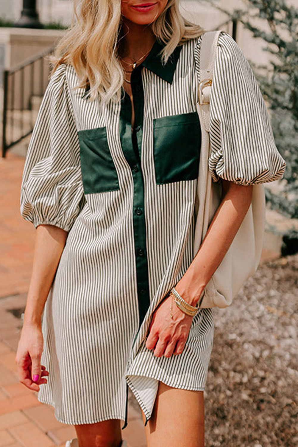 Green Patch Pockets Button Down Short Puff Sleeve Dress Mini Dresses JT's Designer Fashion