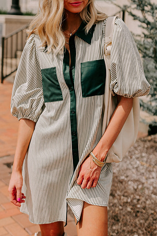 Green Patch Pockets Button Down Short Puff Sleeve Dress Mini Dresses JT's Designer Fashion