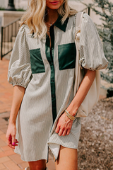 Green Patch Pockets Button Down Short Puff Sleeve Dress Mini Dresses JT's Designer Fashion