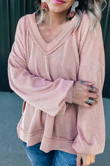Peach Blossom Loose V Neck Bubble Sleeve Knit Ribbed Top Long Sleeve Tops JT's Designer Fashion