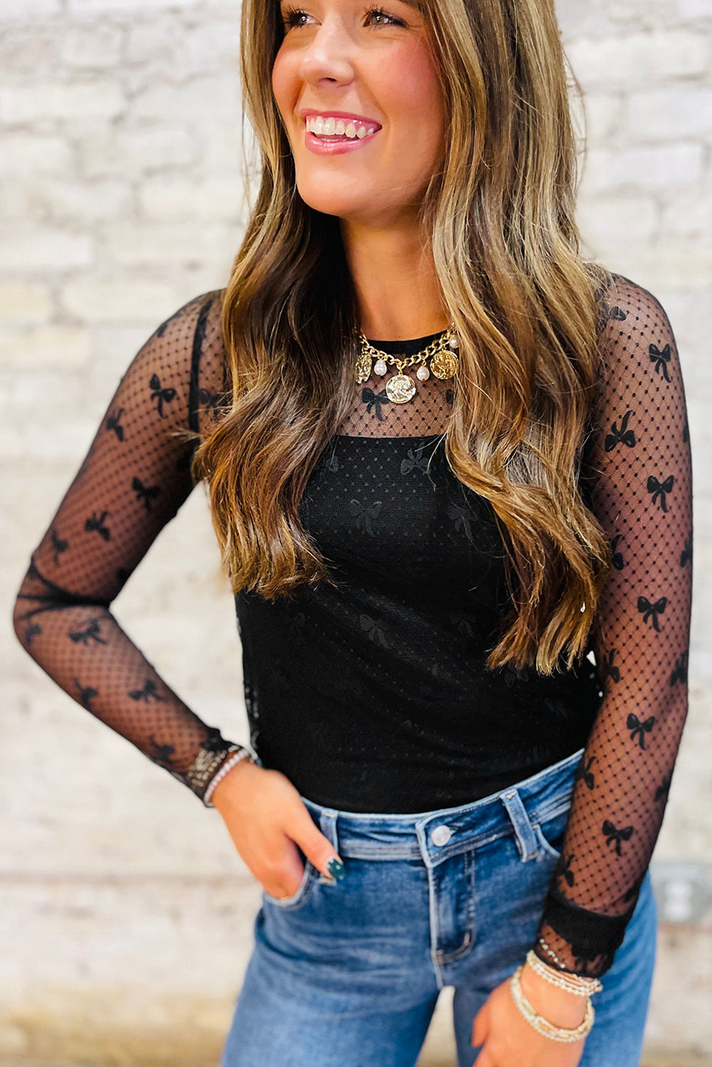 Black Bow Pattern Accent Mesh Long Sleeve Top Long Sleeve Tops JT's Designer Fashion