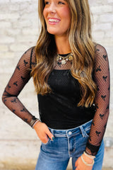 Black Bow Pattern Accent Mesh Long Sleeve Top Long Sleeve Tops JT's Designer Fashion