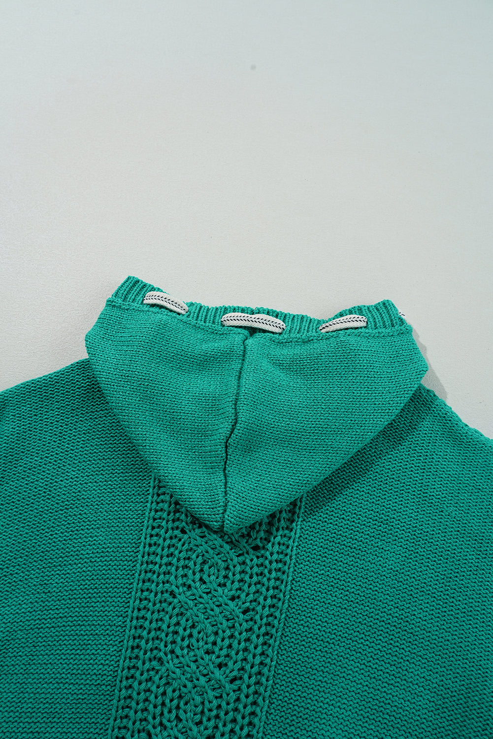 Sea Green Cable Knit V Neck Contrast Drawstring Hooded Sweater Sweaters JT's Designer Fashion