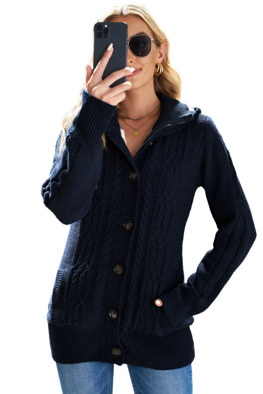 Navy Blue Long Sleeve Button-up Hooded Cardigans Sweaters & Cardigans JT's Designer Fashion