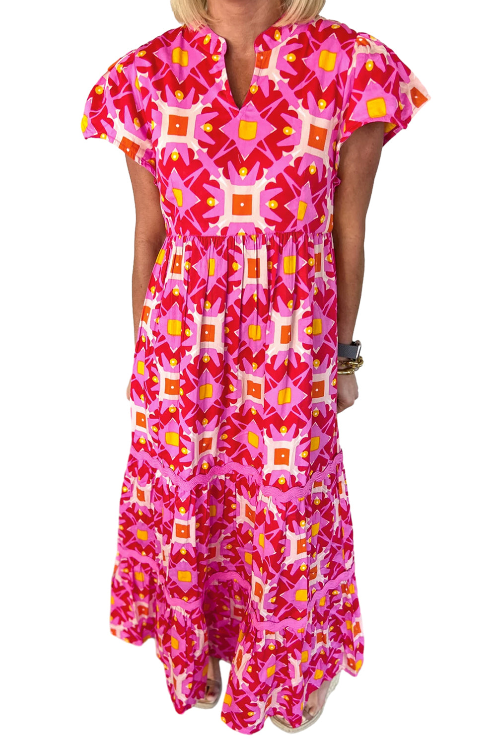 Strawberry Pink Geo Print V-neck Long Dress Maxi Dresses JT's Designer Fashion