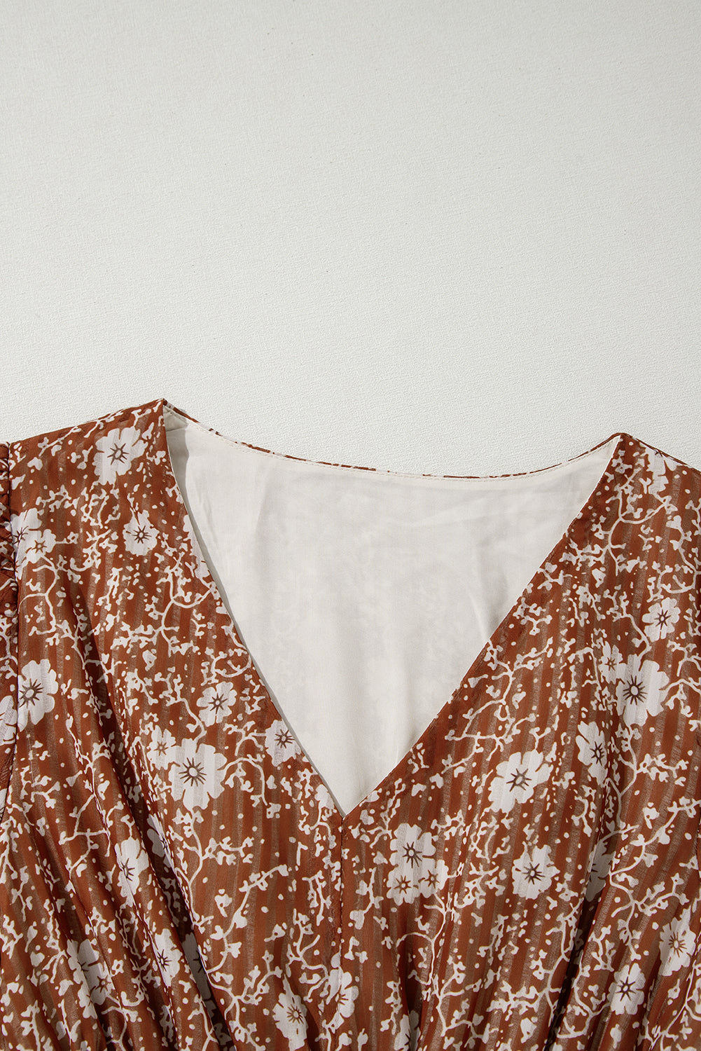 Brown Boho Floral Ruffled Puff Sleeve V Neck Mini Dress Floral Dresses JT's Designer Fashion
