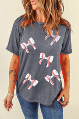 Gray Rugby Bow Knot Print Crewneck Casual T Shirt Graphic Tees JT's Designer Fashion