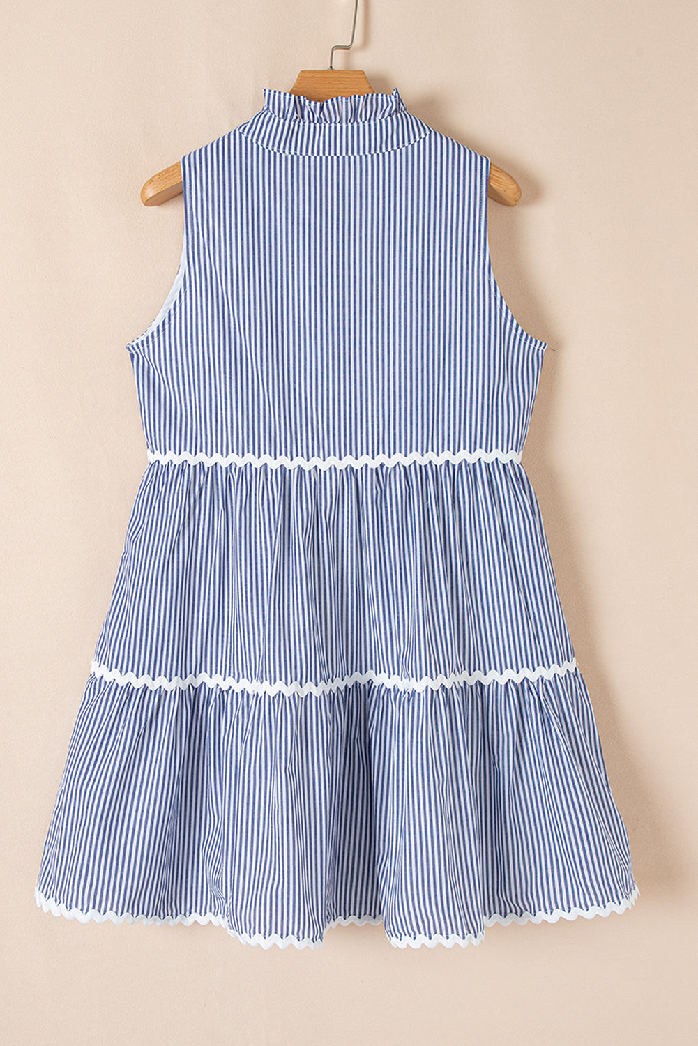 Blue Stripe Sleeveless Notched V Neck Contrast Ric Rac Mini Dress Mini Dresses JT's Designer Fashion