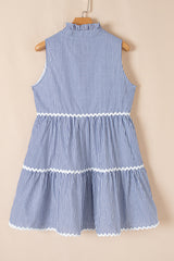 Blue Stripe Sleeveless Notched V Neck Contrast Ric Rac Mini Dress Mini Dresses JT's Designer Fashion