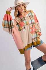 Multicolour Waffle Knit Plaid Patchwork Side Slits Loose Sweatshirt Sweatshirts & Hoodies JT's Designer Fashion