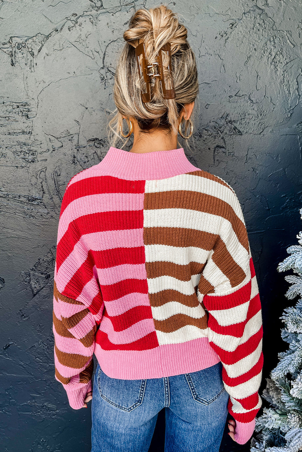 Pink Stripe Color Block High Neck Drop Shoulder Loose Sweater Sweaters JT's Designer Fashion