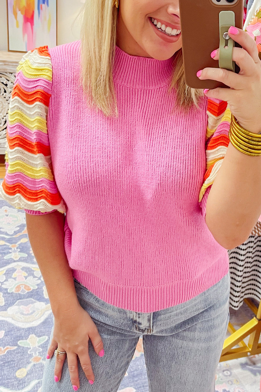 Pink Ribbed Knit Contrast Sleeve Sweater Top Sweaters & Cardigans JT's Designer Fashion