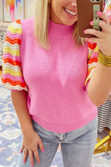 Pink Ribbed Knit Contrast Sleeve Sweater Top Sweaters & Cardigans JT's Designer Fashion
