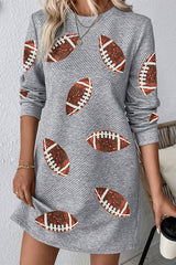 Gray Sequin Rugby Football Graphic Textured Long Sleeve Shift Mini Dress Graphic Dresses JT's Designer Fashion