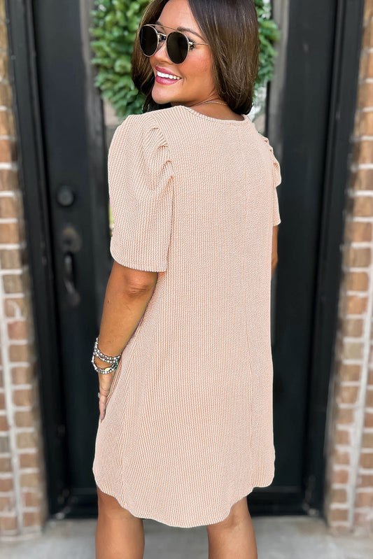 Parchment Corded Knit Crew Neck Puff Sleeve Shift Mini Dress T Shirt Dresses JT's Designer Fashion