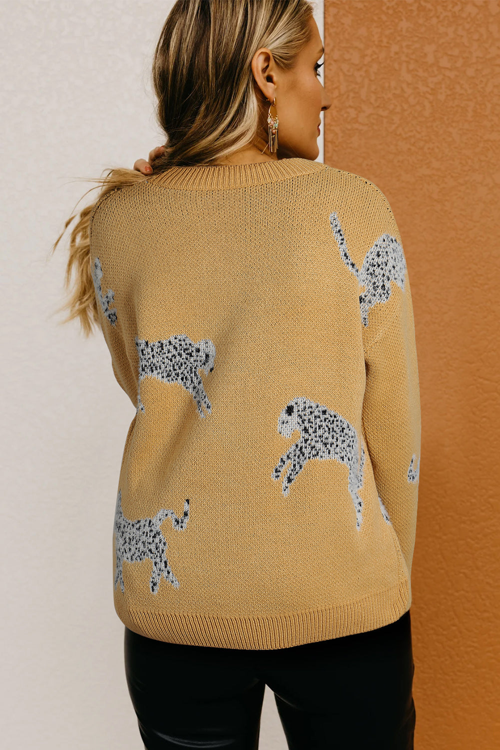 Camel Fuzzy Cheetah Accent Round Neck Sweater Sweaters & Cardigans JT's Designer Fashion