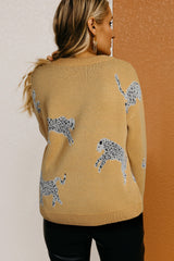 Camel Fuzzy Cheetah Accent Round Neck Sweater Sweaters & Cardigans JT's Designer Fashion