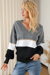 Gray Colorblock V Neck Sweater Sweaters & Cardigans JT's Designer Fashion
