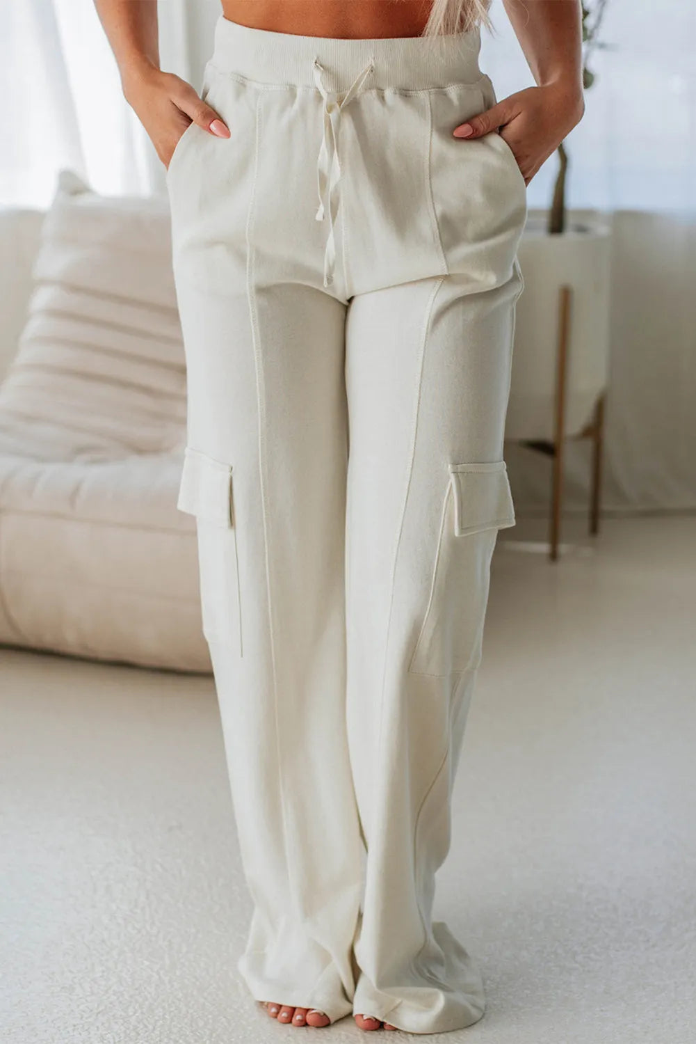Drawstring High Waist Pants with Pockets Ivory Pants & Culotte JT's Designer Fashion