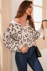 Gray Animal Print Zipped Collared Sweater Sweaters JT's Designer Fashion