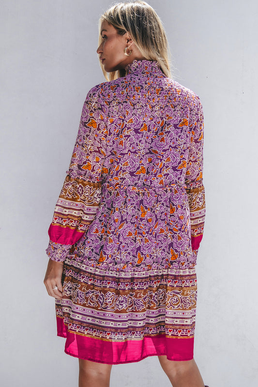 Purple Floral Smocked Puff Sleeve High Neck Mini Dress Floral Dresses JT's Designer Fashion