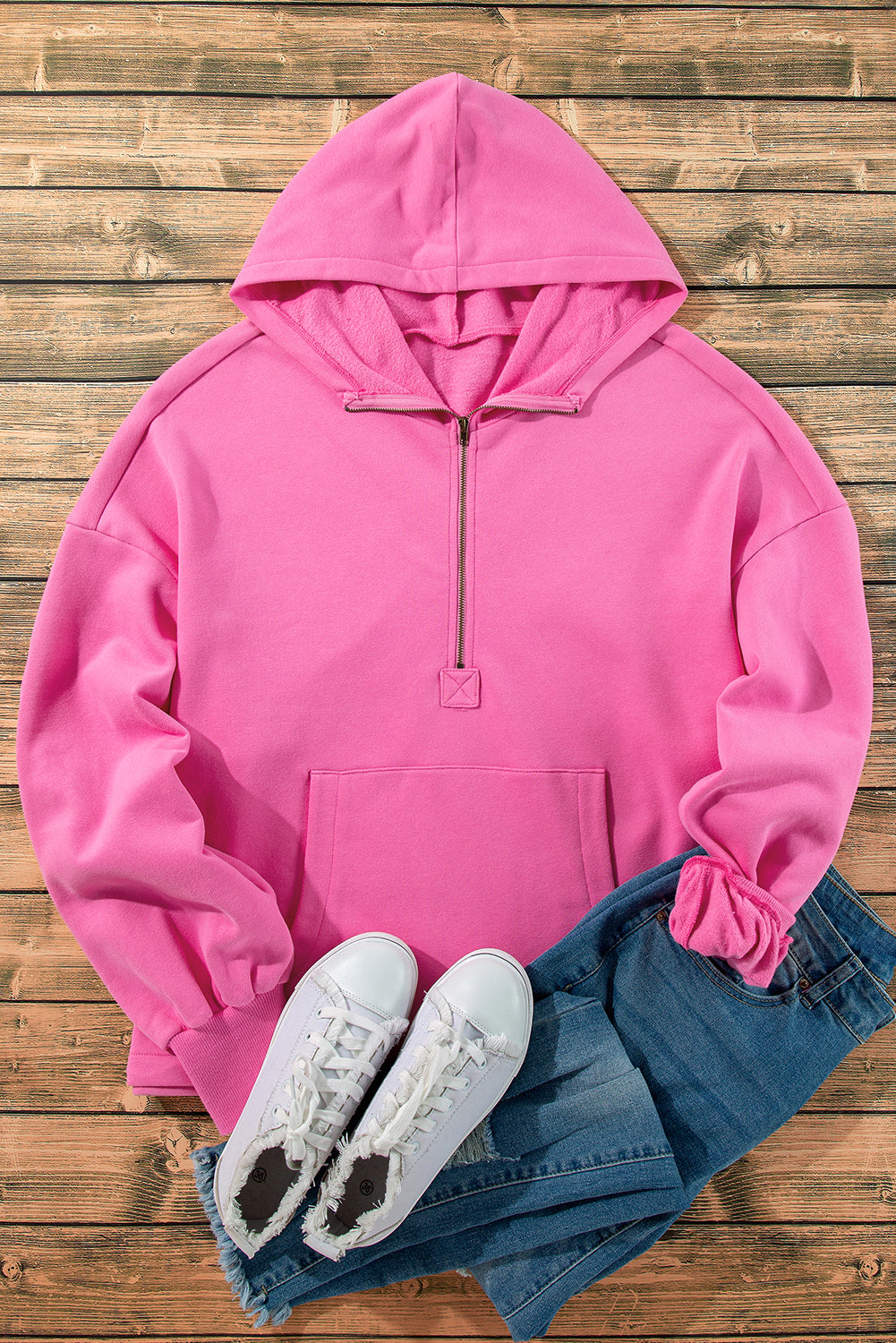Bonbon Fleece Lined Half Zipper Kangaroo Pockets Loose Hoodie Sweatshirts & Hoodies JT's Designer Fashion