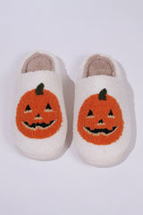 White Halloween Pumpkin Print Plush Slippers Slippers JT's Designer Fashion