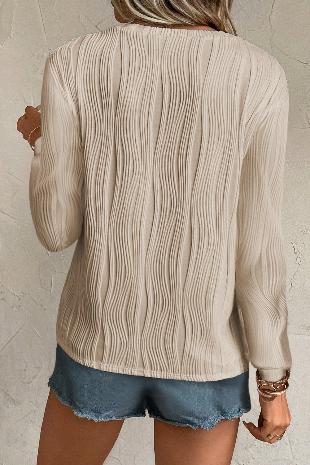 Apricot Textured Wavy Round Neck Long Sleeve Top Long Sleeve Tops JT's Designer Fashion