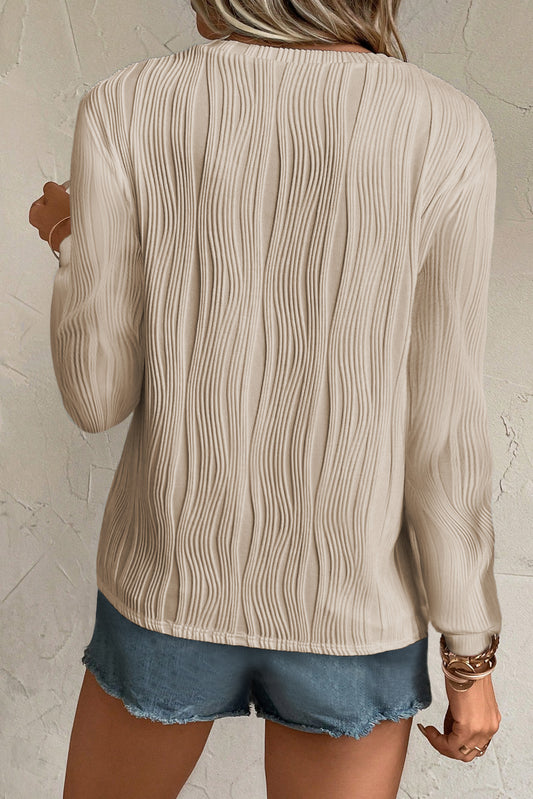 Apricot Textured Wavy Round Neck Long Sleeve Top Long Sleeve Tops JT's Designer Fashion