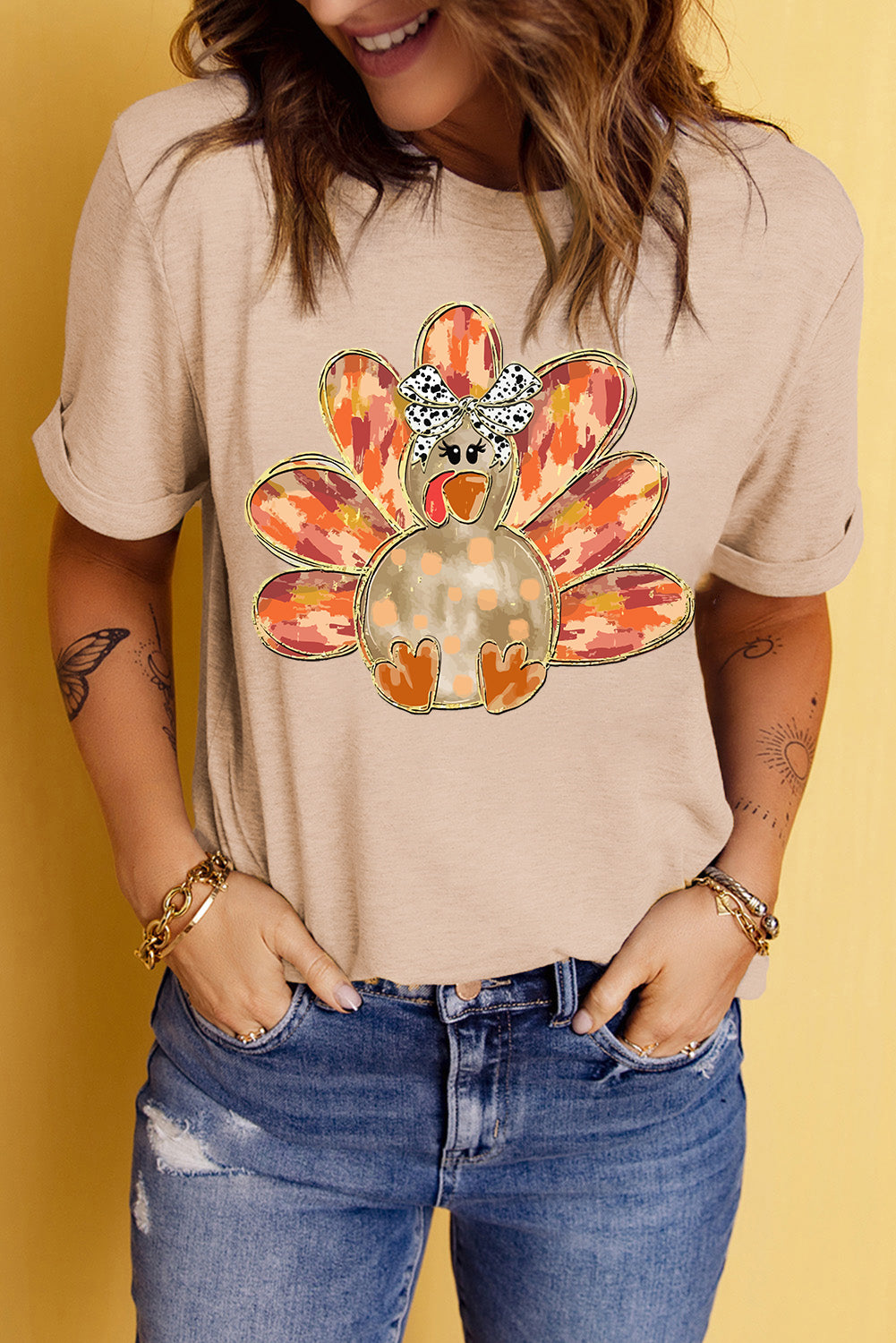 Khaki Thanksgiving Bowknot Turkey Graphic Crewneck Tee Graphic Tees JT's Designer Fashion
