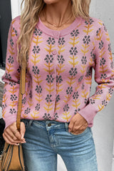 Pink Floral Button Down Ribbed Banded Cardigan Sweater Pink 52%Viscose+26%Polyester+22%Polyamide Cardigans JT's Designer Fashion
