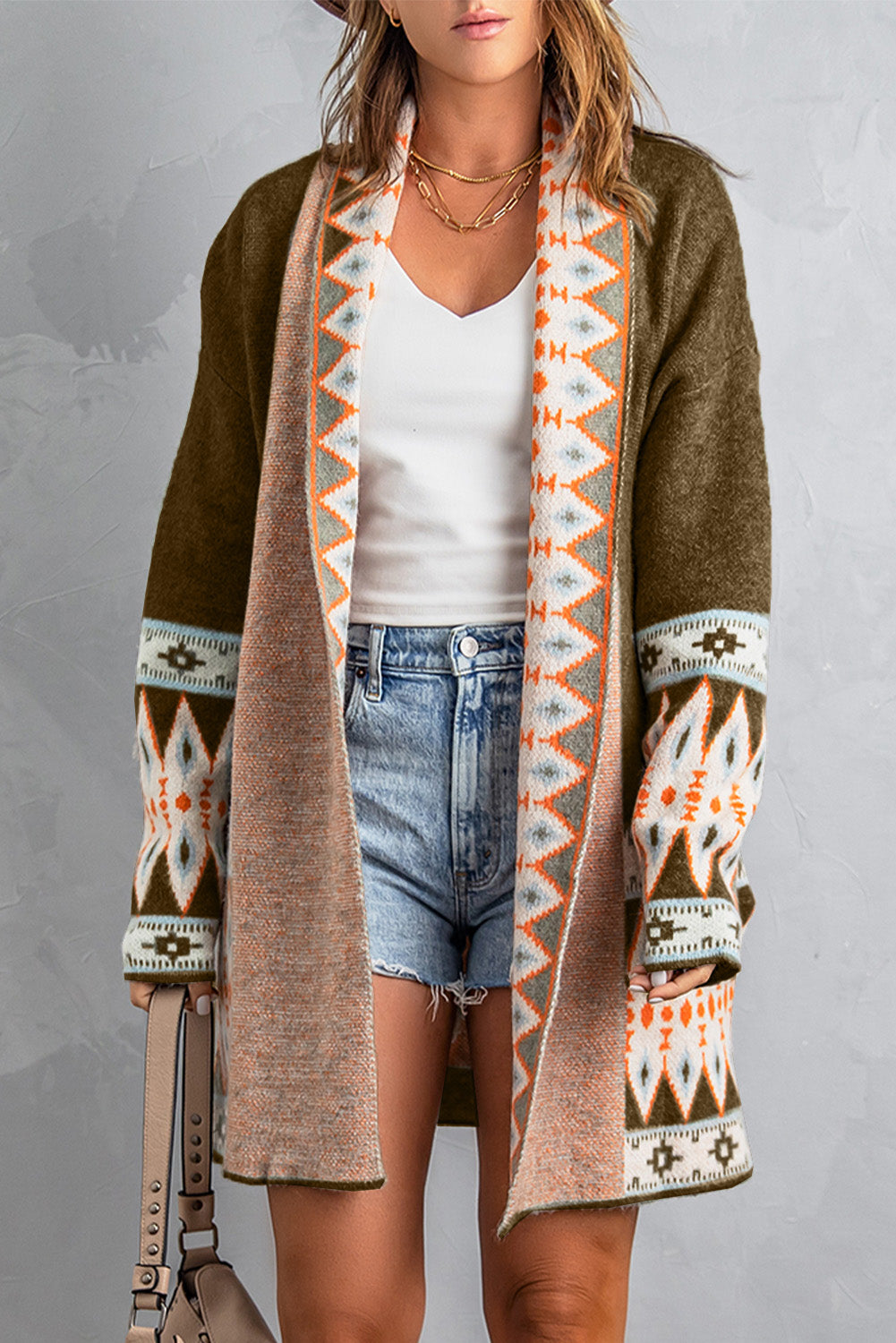 Brown Aztec Print Open Front Knitted Cardigan Sweaters & Cardigans JT's Designer Fashion