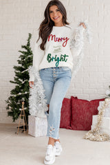 White Tinsel Merry and Bright Graphic Christmas Sweater Sweaters JT's Designer Fashion
