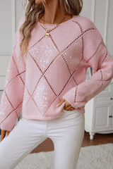 Light Pink Hollowed Rhombus Pattern Sequin Detail Round Neck Sweater Sweaters JT's Designer Fashion
