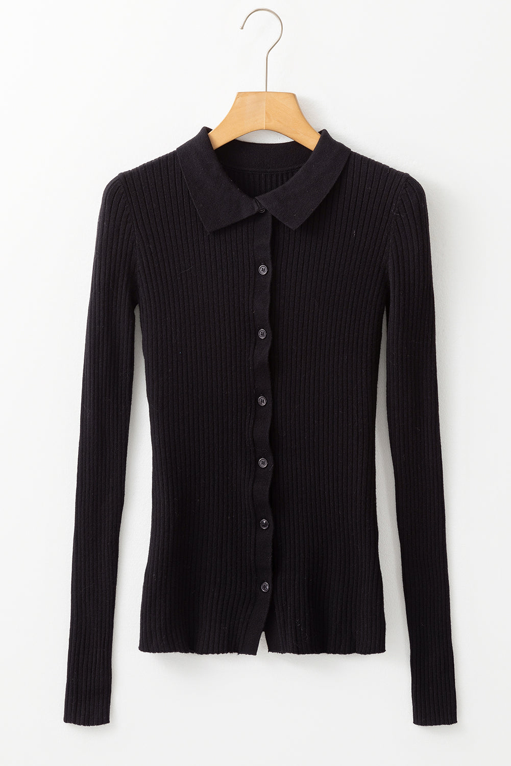 Black Ribbed Knit Collared Slim Fit Sweater Cardigan Cardigans JT's Designer Fashion