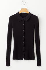 Black Ribbed Knit Collared Slim Fit Sweater Cardigan Cardigans JT's Designer Fashion