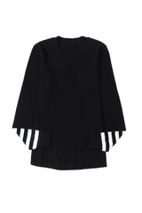 Black Striped Sleeve Plain Knit Sweater Sweaters JT's Designer Fashion