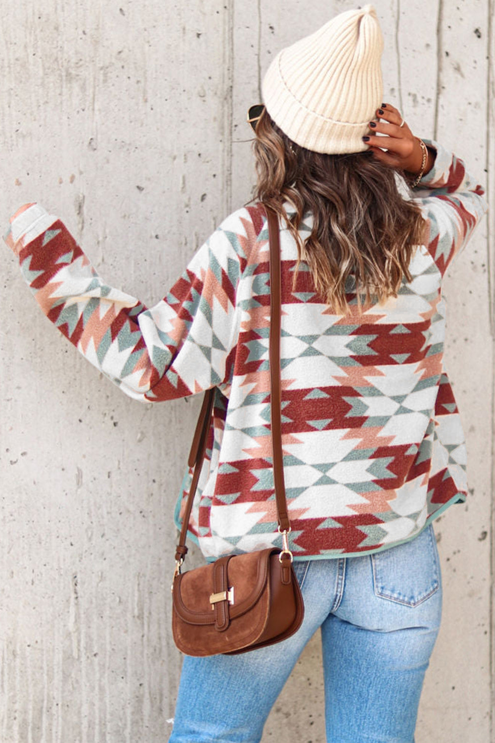 Fiery Red Western Aztec Buttoned Zipper Pockets Fleece Jacket Jackets JT's Designer Fashion